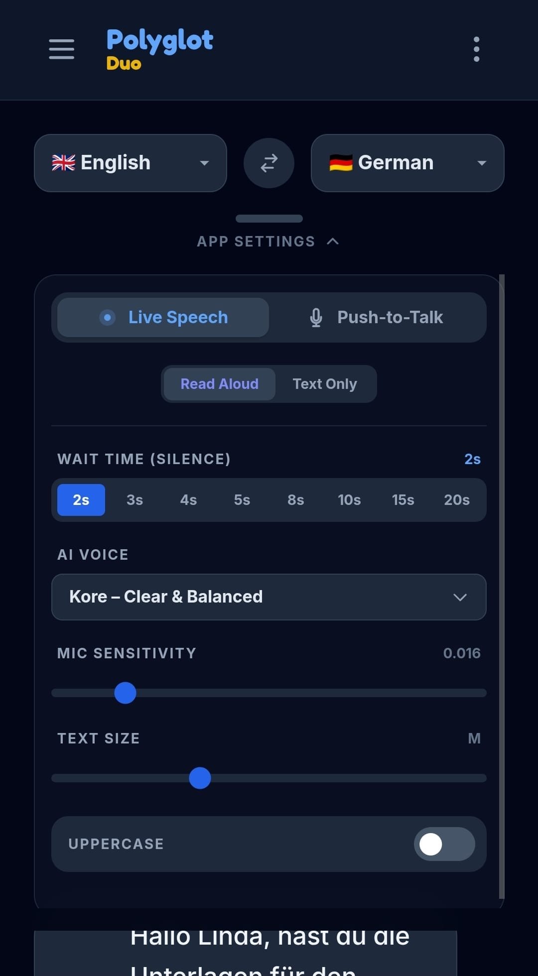 PolyglotDuo App Settings - Live Speech Modus