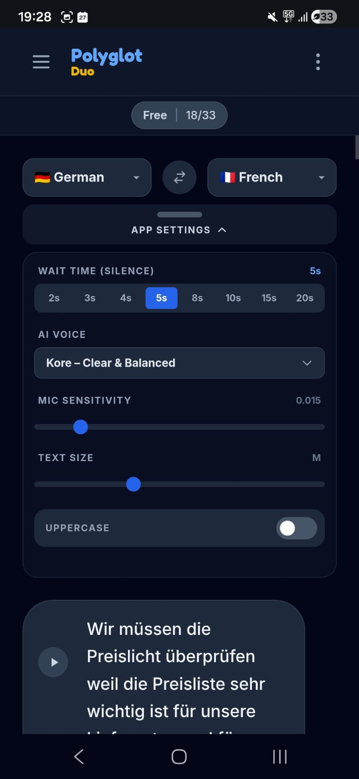 PolyglotDuo App Einstellungen